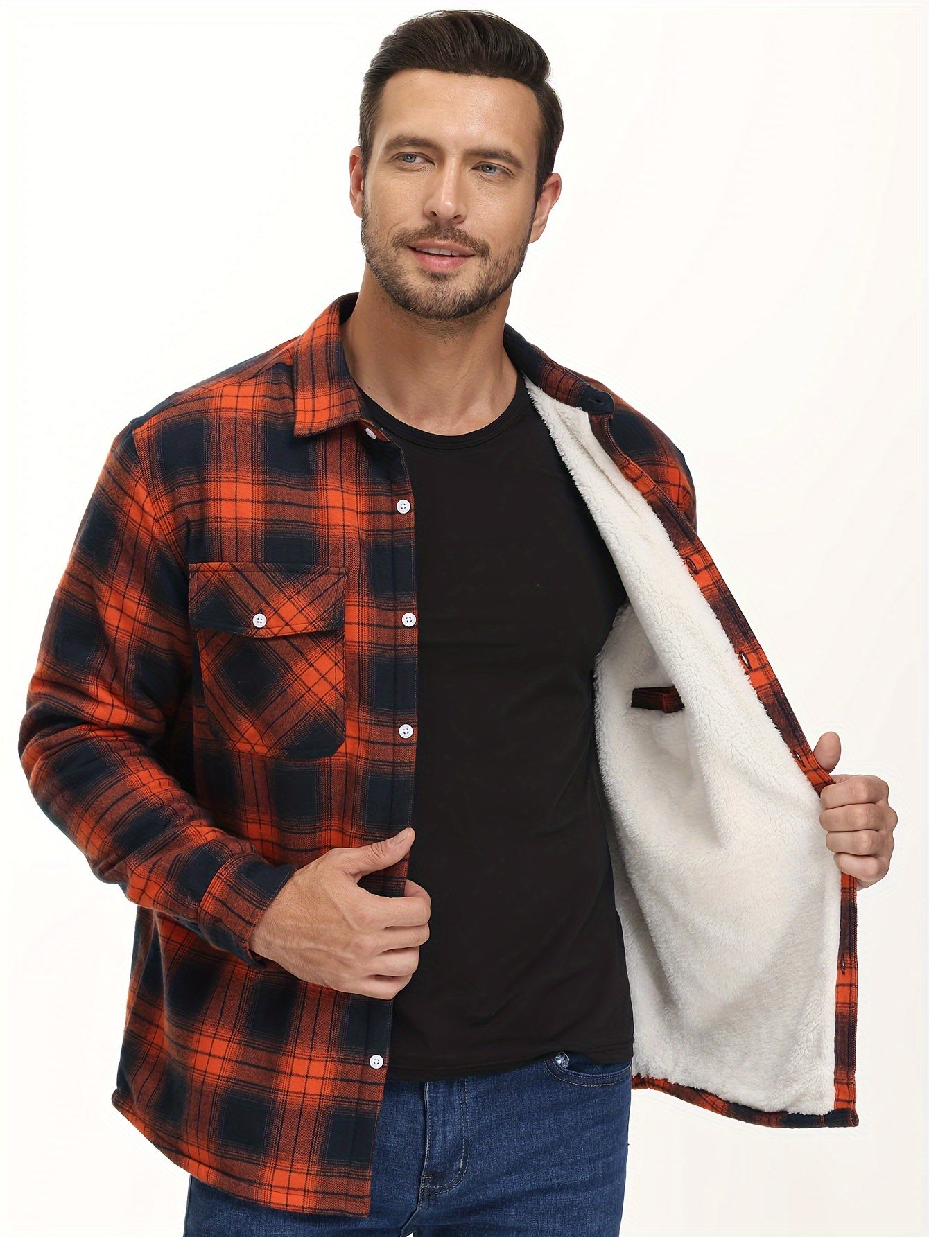 Big And Tall Men's Flannel Shirt Jacket Winter Turn-Down Collar Long Sleeve Fleece Lined Warm Classic Plaid Design 5 Pocket Shirt Jacket Button Front Adjustable Cuffs Soft Comfortable For Hiking Camping Fishing Dating Work Fleece Shirt Jacket