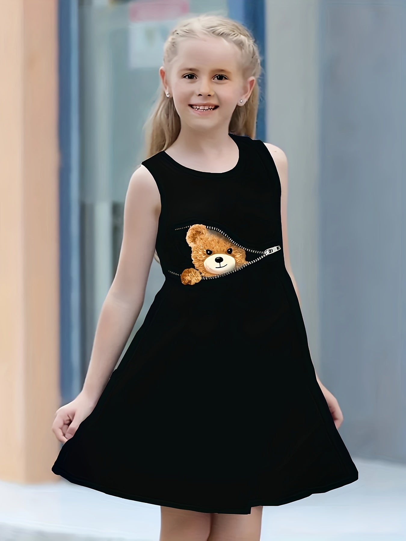 3D Zipper Bear Graphic Midi Dress for Girls - Sleeveless, Crew Neck, Fit and Flare, Slight Stretch, Machine Washable, Cartoon Pattern, Ideal for Casual Outings, Party, Holiday - Polyester, Knee High, Summer Dress