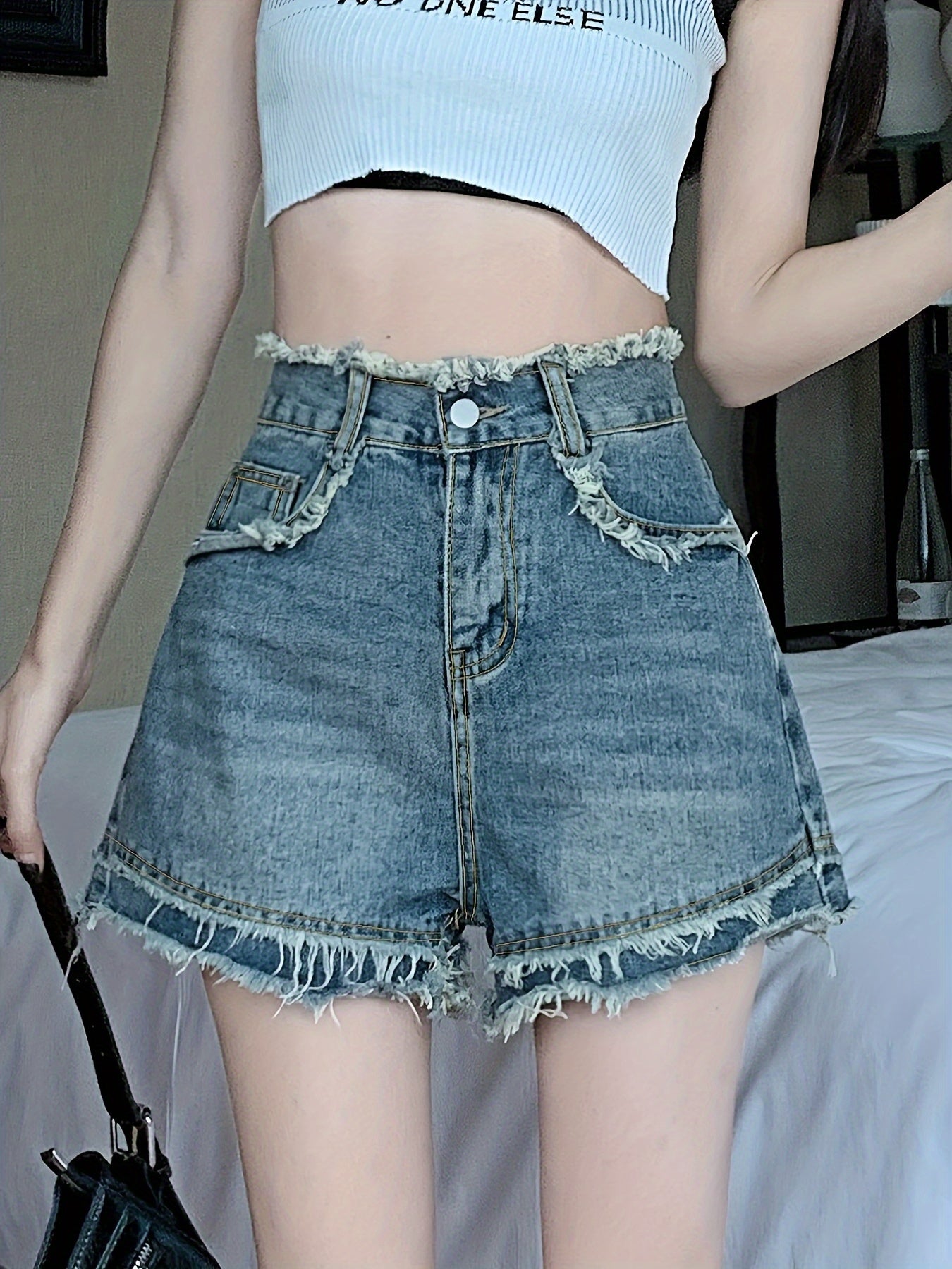 ZllKl Women's Vintage-Inspired Frayed Hem Denim Shorts, Summer Collection, Flattering High-Waist, Trendy Distressed Look For Chic Style.