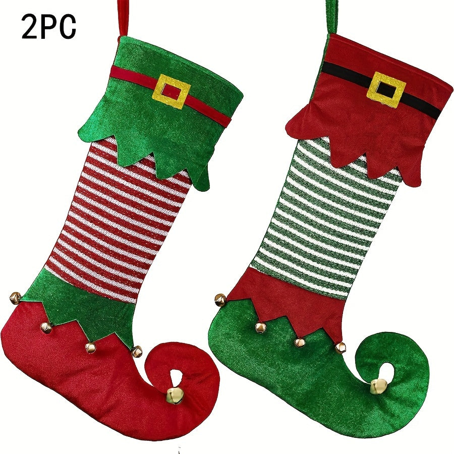 2-Piece Festive Elf-Inspired Christmas Stockings - Vibrant Contemporary Style Polyester Hanging Socks with Sparkling Accents for Festive Home Decor, Holiday Themes, and Universal Christmas Decorations Without Feathers