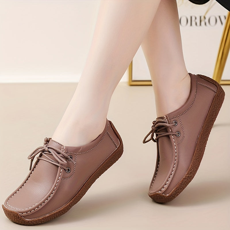 Womens Solid Color Microfiber Synthetic Leather Oxfords - Wear-Resistant, Lightweight, Breathable, Low-Top Lace-Up Flats with Plain Toe - Perfect for Casual, All-Season Wear