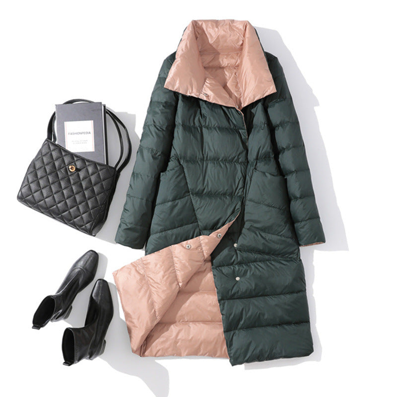 Cross-border wears down jackets on both sides in Europe and the United States, women's medium and long New new light and thin stand-up collar white duck down jacket.