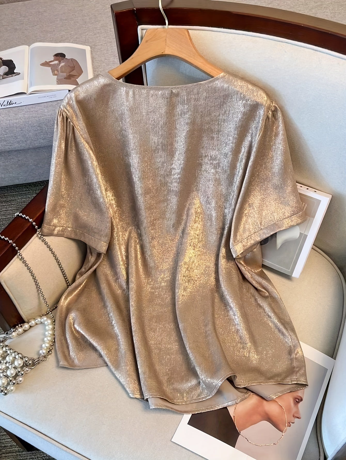 Plus Size V Neck Shiny Metallic Blouse - Comfortable Short Sleeve Casual Top for Spring and Summer - Polyester Non-Stretch Woven Fabric, Solid Color, Middle East Style, Shirting Type, Suitable for All Seasons
