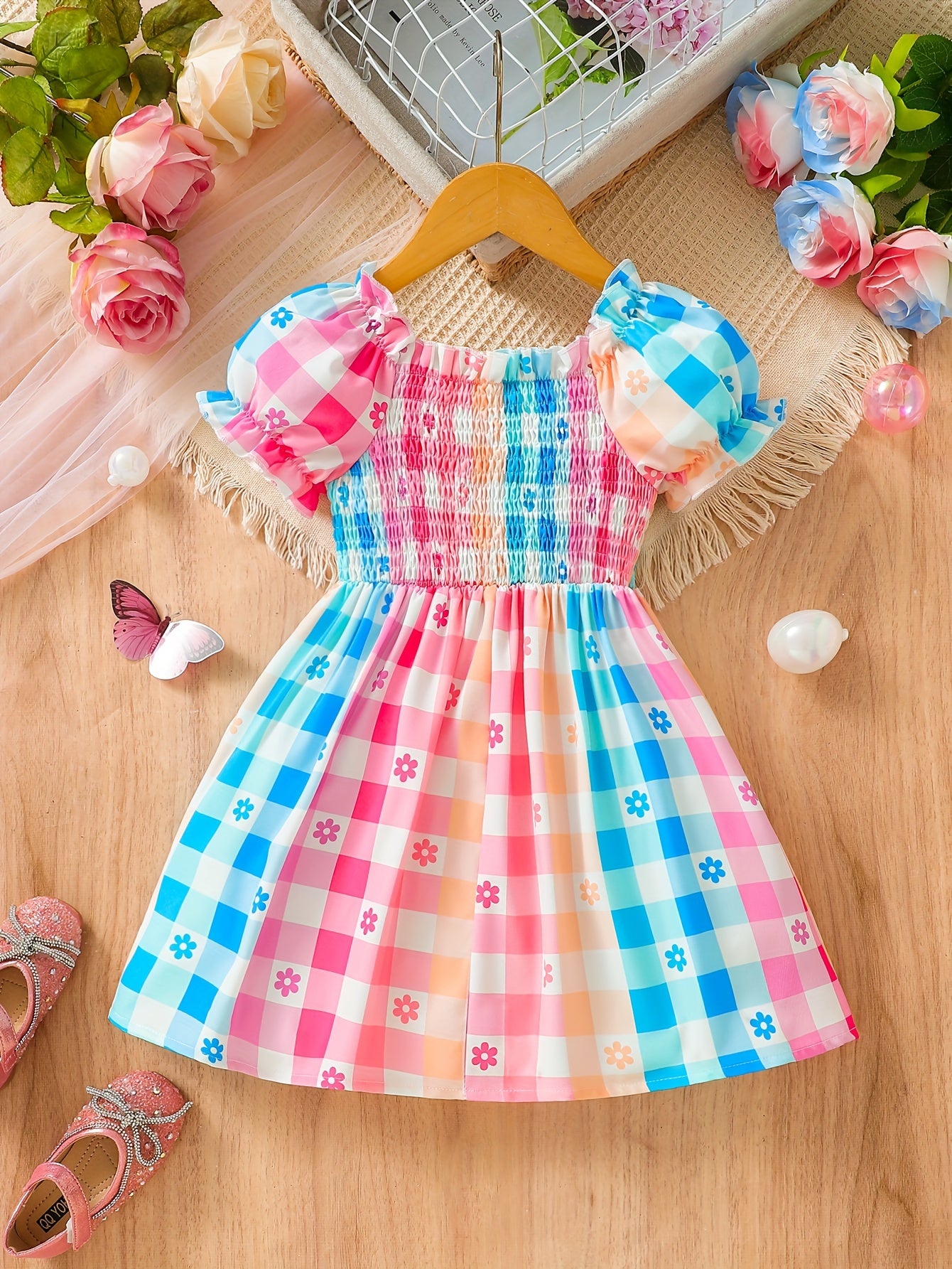 Adorable Girls Sweet Plaid A-line Smocked Dress - Comfy, Casual, Holiday-Perfect, Summer-Friendly Clothing - Ideal Gift for Little Ones