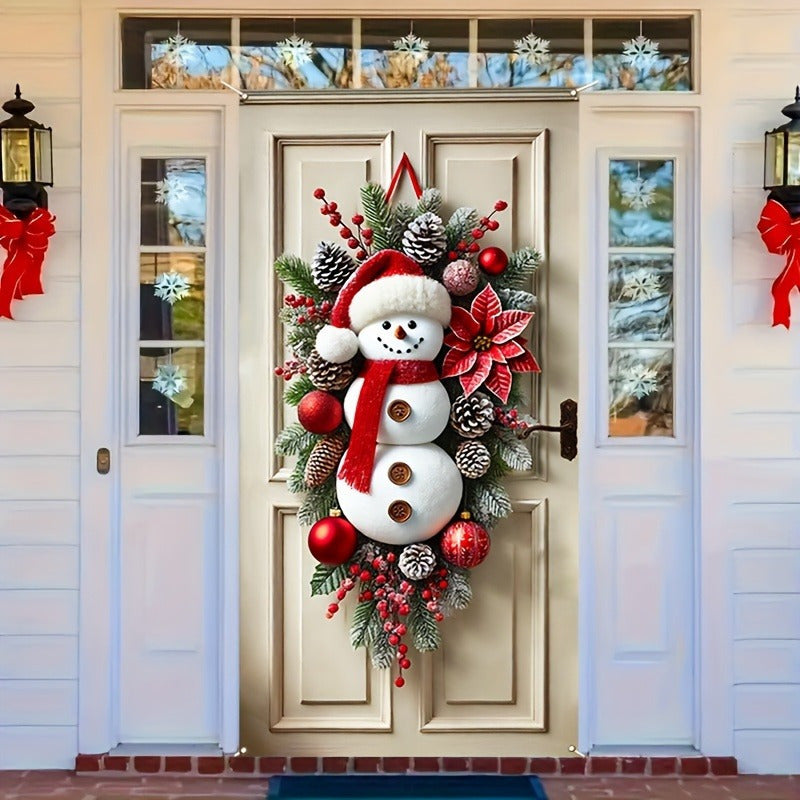 1pc Festive Christmas Wreath, 3D Snowman Door Hanging, Fabric Wall Decor, No Feather, Battery-Free, Outdoor Holiday Decoration for Home & Garden, 2025 New Year Front Door Decoration, Gift for Family & Friends