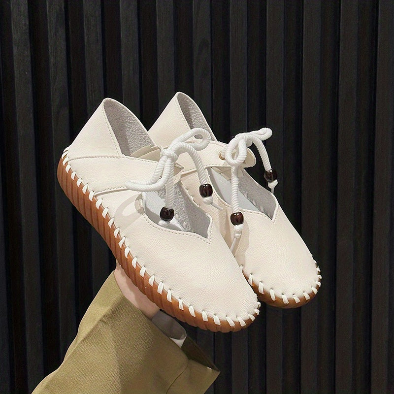 Womens Flat Lace Up Oxfords - Breathable, Non-Slip, Solid Color Cut-out Sneakers - Casual Walking Shoes for Spring Season with Rubber Sole and Man-Made Materials