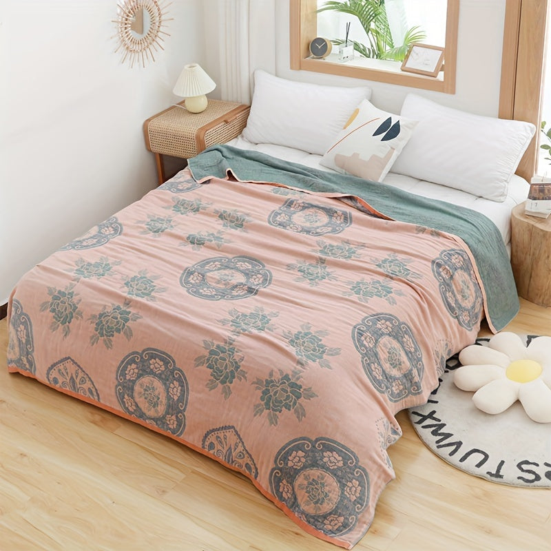 1pc Soft & Comfortable Peony Pattern Cotton Jacquard Blanket - Five-Layer Cotton Yarn Construction, Suitable for All Seasons, Perfect for Adult Sofa Nap Blanket, Four Seasons Blanket - 100% Cotton, Gentle on Skin, Breathable, and Absorbent