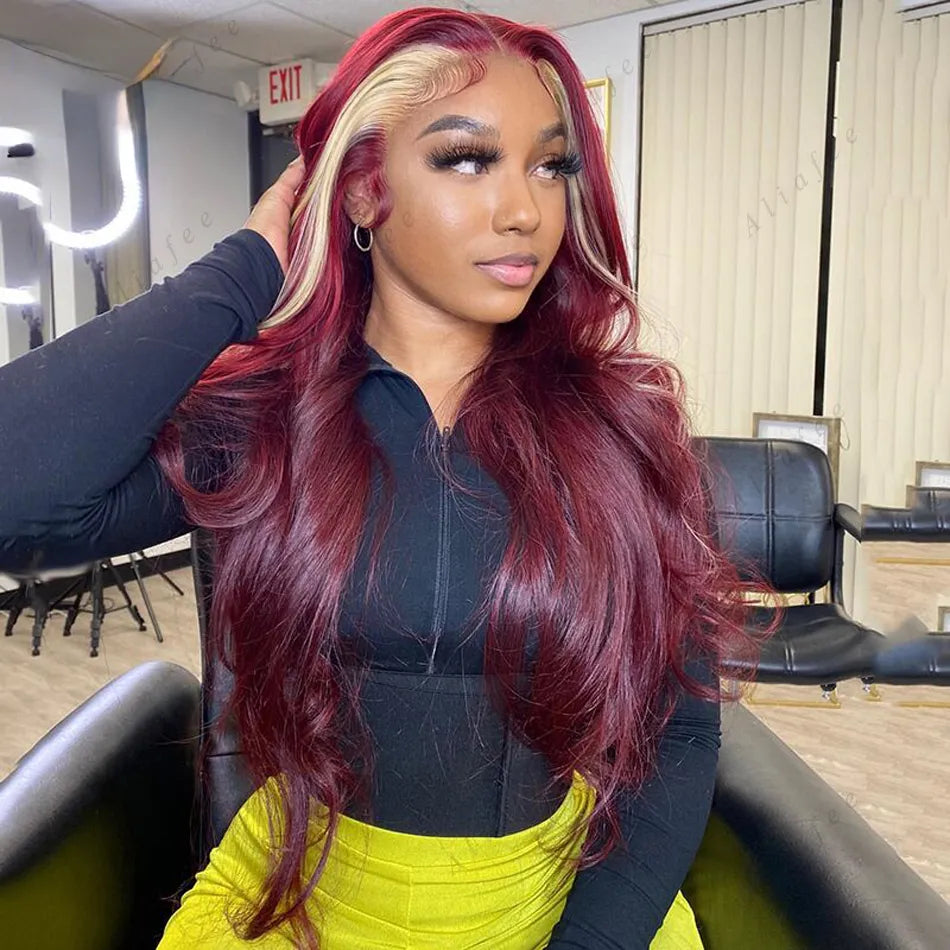 Peruvian Hair Wine Red Blonde Highlight Colored Body Wave Lace Front Wigs HD 13x4 Lace Frontal Wig PrePlucked Synthetic Closure Preplucked