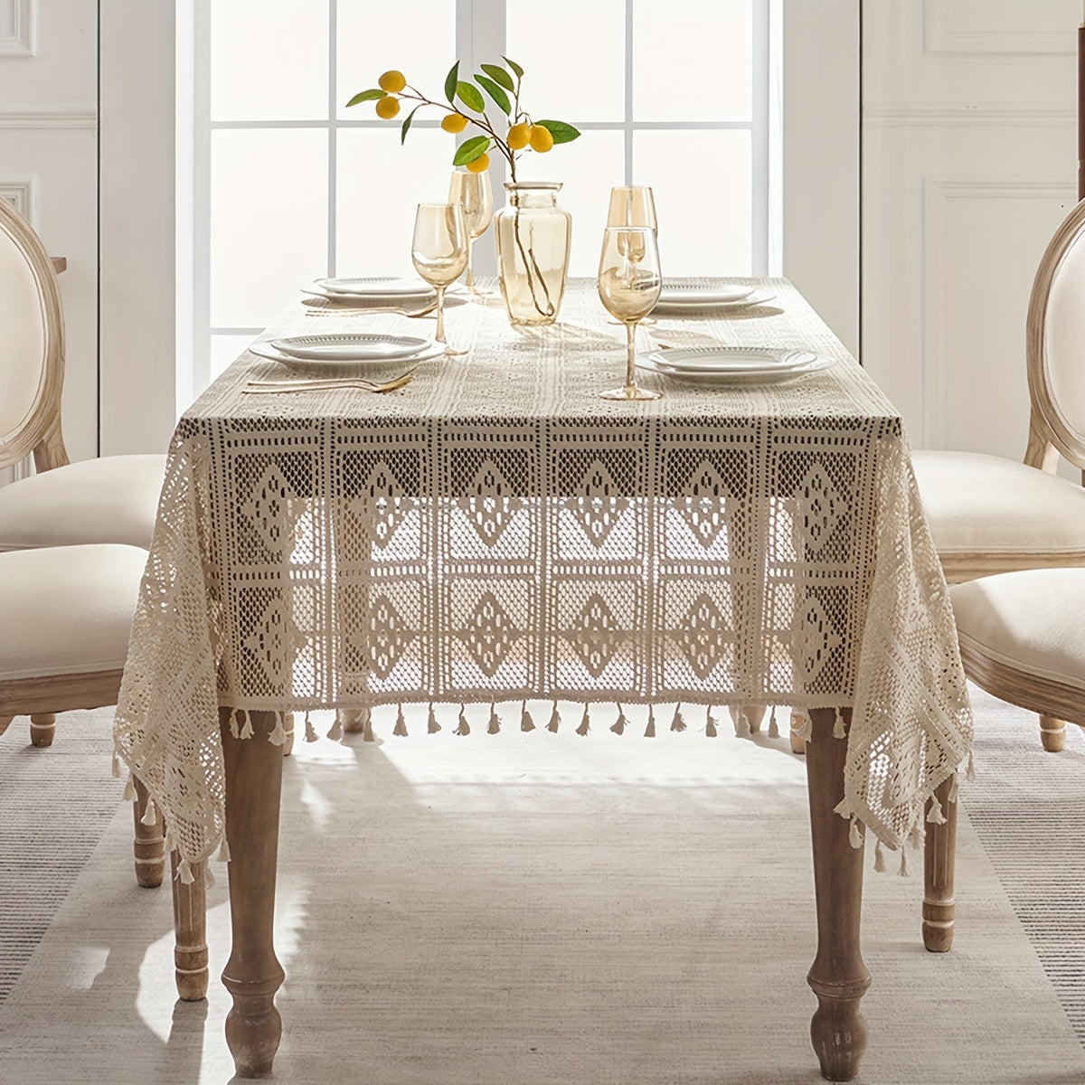 1pc Beige Linen Cotton Blend Crochet Tablecloth with Tassel - Tablecloths - Rustic American Pastoral Style Decor for Picnic, Holiday Party, and Home - Easy Care and Durable