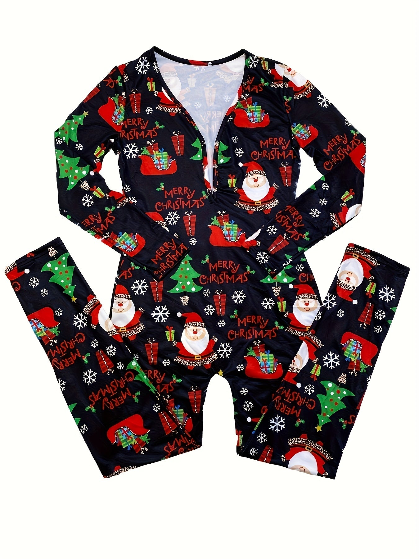 Cozy Festive Lounge Jumpsuit - Soft Long Sleeve, V Neck, Button Front, Relaxed Fit, Comfy Women's Loungewear & Sleepwear for Christmas