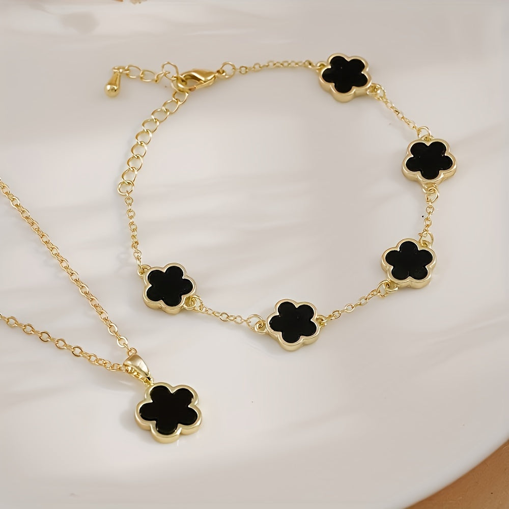 2-Piece Copper Jewelry Set - Gorgeous Five Petal Flower Necklace and Bracelet Combo - Perfect for Dates, Holidays, and Graduation Season Celebrations