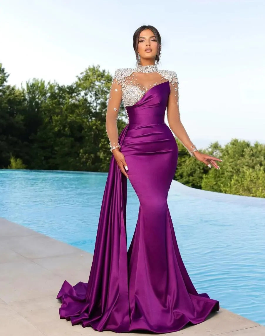 Black Peach Elegant Purple Mermaid Evening Dresses High Neck Sheer Appliques Beads Illusion Long Sleeve Pleats Ruffles Formal Ocn Prom Gowns BC16781 0627