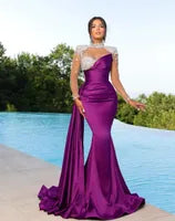 Black Peach Elegant Purple Mermaid Evening Dresses High Neck Sheer Appliques Beads Illusion Long Sleeve Pleats Ruffles Formal Ocn Prom Gowns BC16781 0627