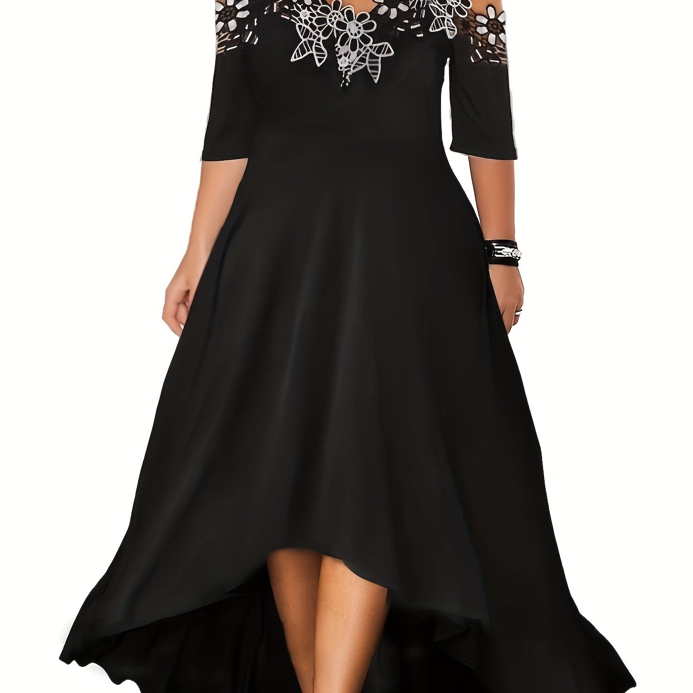 Plus Size Floral Chic V Neck Cold Shoulder Lace Stitching Dress - Elegant Short Sleeve Women's Clothing for Special Occasions - Perfect for Summer, Party, Wedding, and Date Night