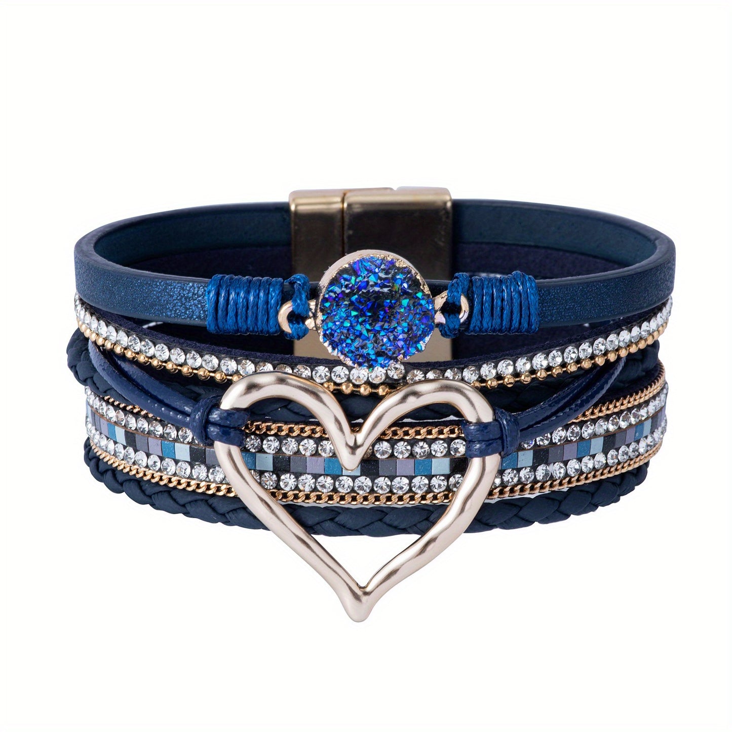 Trendy Bohemian Multilayer Bangle Bracelet - Handcrafted PU Leather with Golden Big Love Charm - Adjustable, Durable & Stylish - Perfect Boho Chic Accessory for Ladies