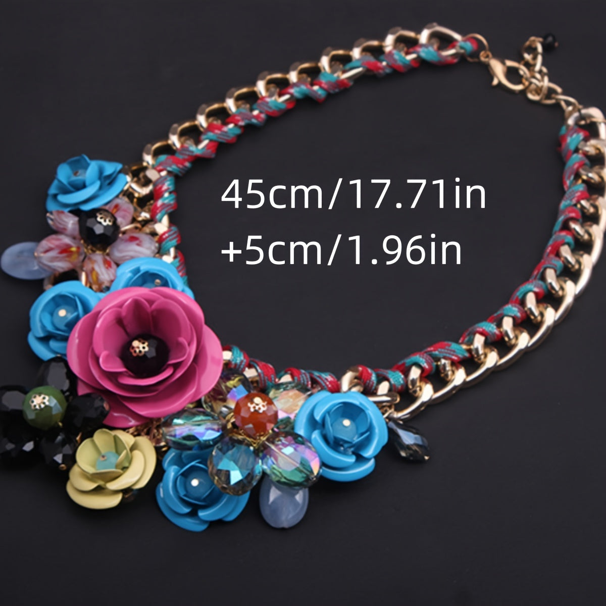 1pc Women's Bohemian Retro Style Colorful Floral Gem Necklace, Rope Braided Collarbone Chain, Trendy Accessory For Ladies Spring And Summer