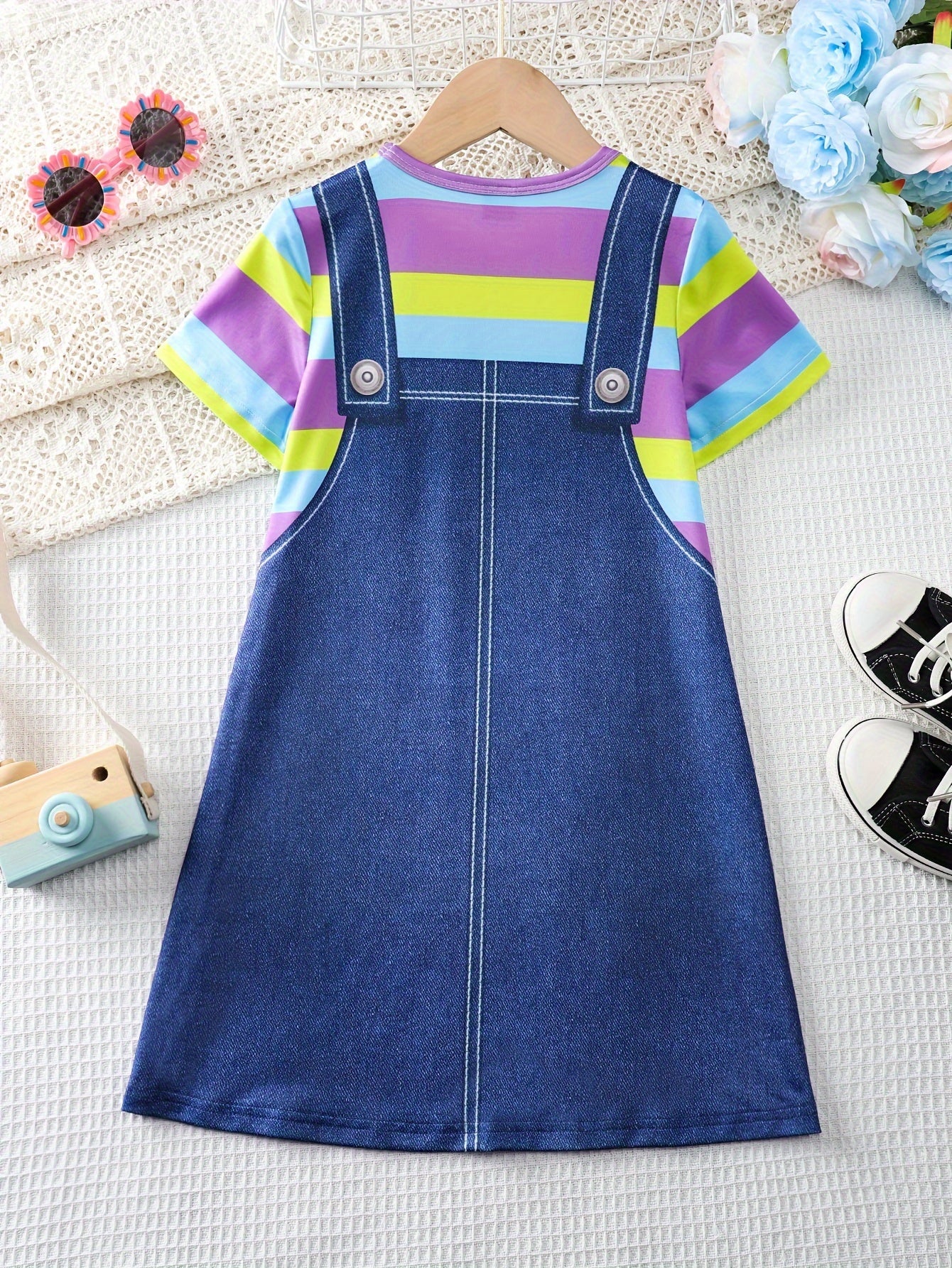 Girls Adorable 3D Elephant Print Striped Dress - Fashionable & Comfortable Crew Neck Summer Wear for Parties & Gifts