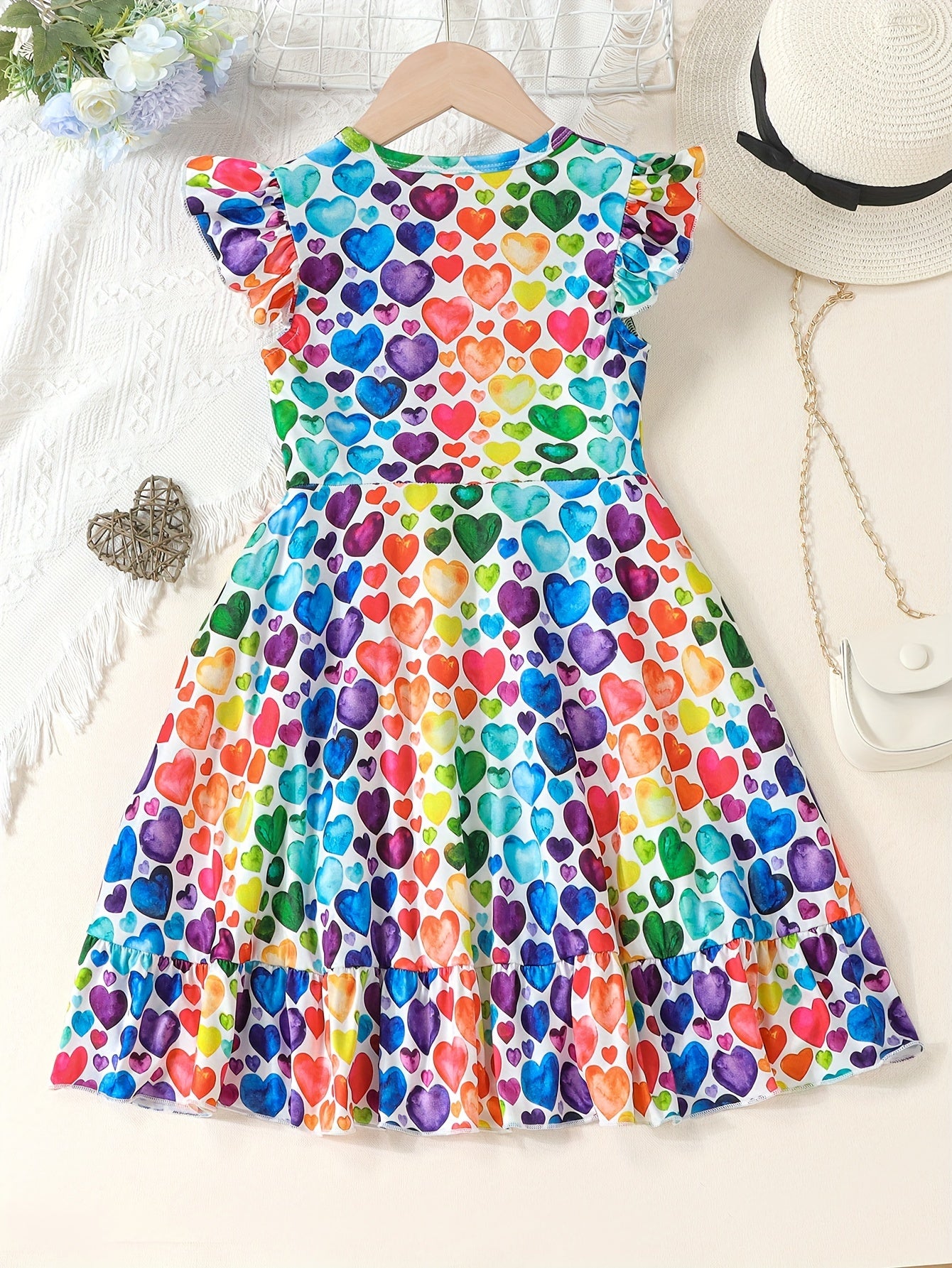 Girls Vibrant Hearts Print Round Neck Flying Sleeve Midi Dress - Adorable & Flowy for Summer Romance & Valentines Day