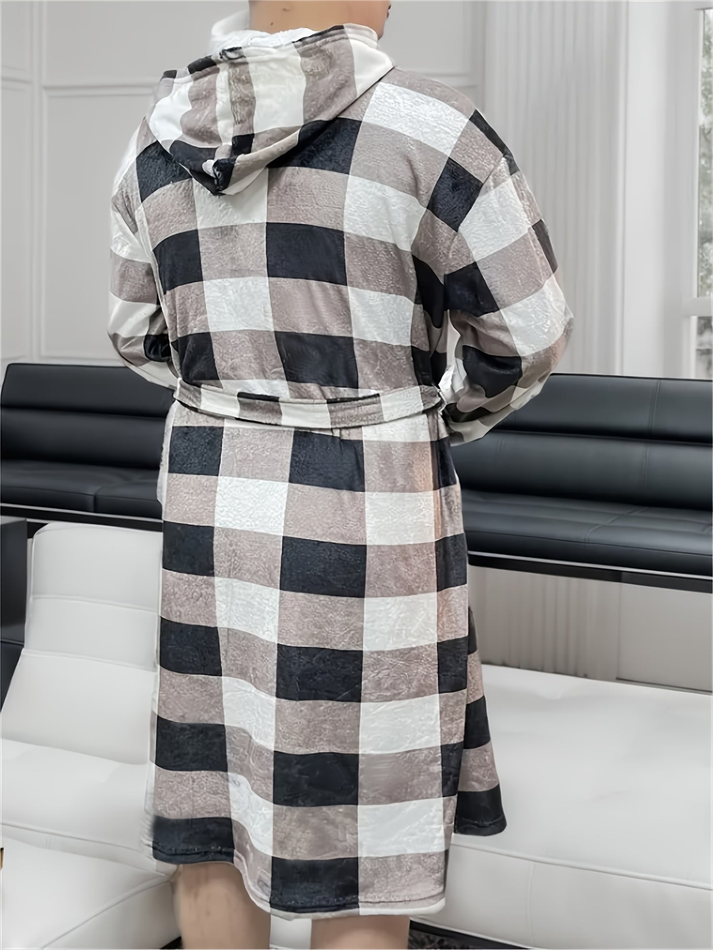 Men's Comfy Plaid Prints Fleece Warm Robe For Home Pajamas Wear One-piece Lace Up Kimono Night-robe Sets After Bath