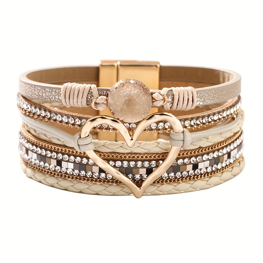 Trendy Bohemian Multilayer Bangle Bracelet - Handcrafted PU Leather with Golden Big Love Charm - Adjustable, Durable & Stylish - Perfect Boho Chic Accessory for Ladies