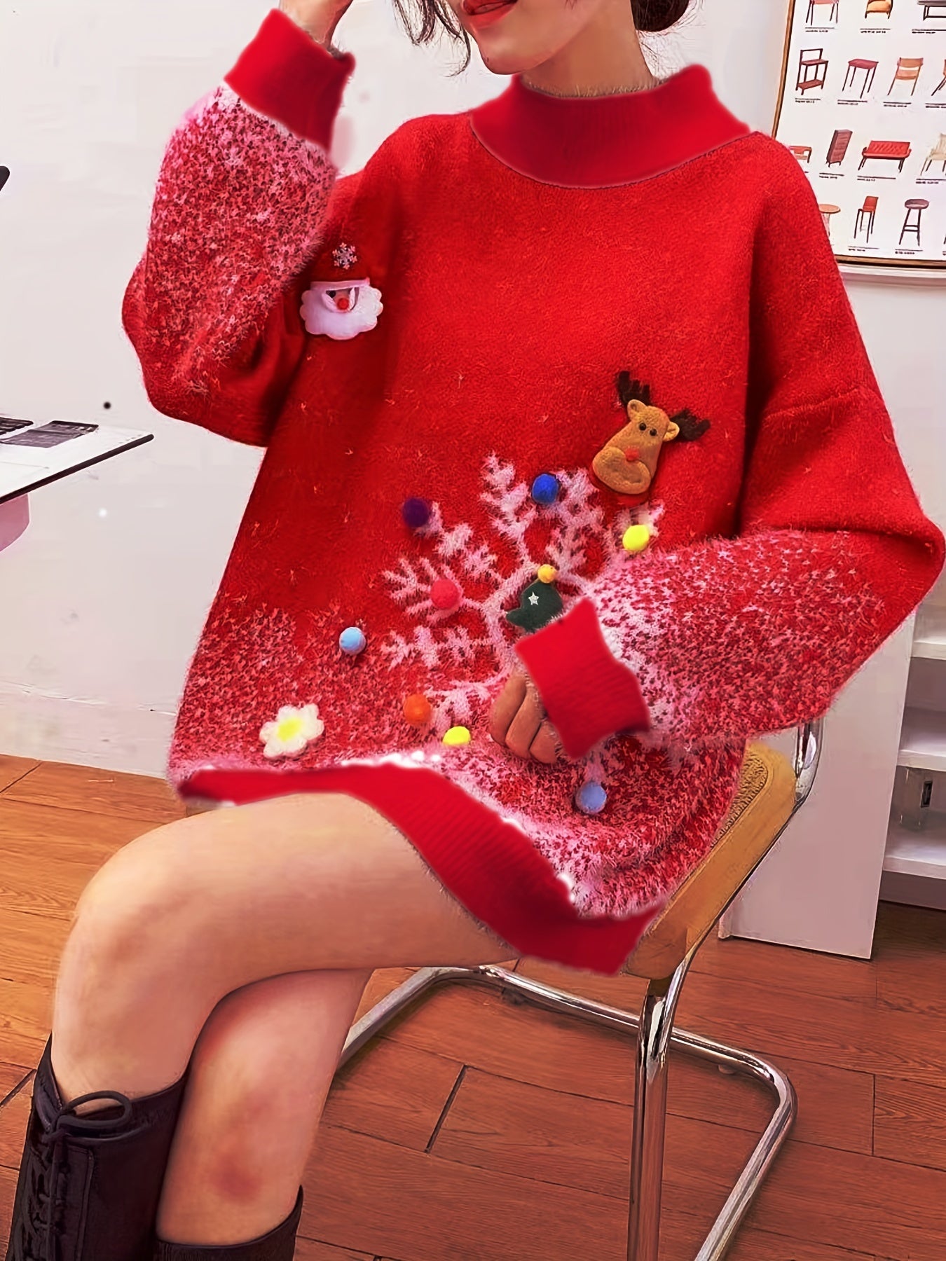 Women'S Festive Christmas Sweater, Long Sleeve, Elegant Style, Polyester, Round Neck, No Belt, Loose Fit, Pullover, Christmas Pattern, Floral Print, Mid-Stretch Fabric, Knee-Length, Leg of Mutton Sleeves, Embellished with Christmas Decor