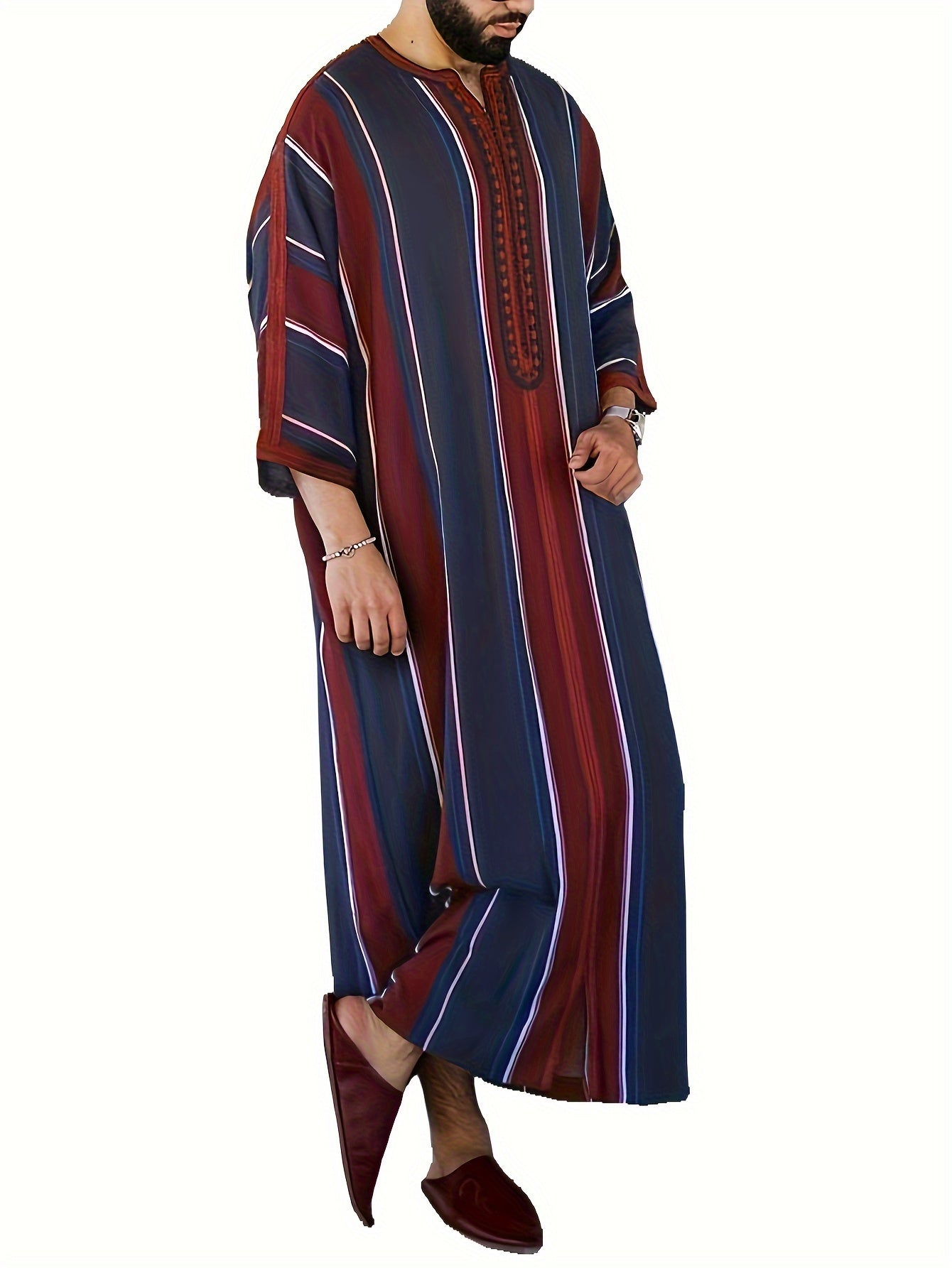Authentic Moroccan-Style Crew Neck Djellaba Robe - Vintage Stripe Pattern, Long Sleeve, Cultural Arabic-Inspired Design for Men - Perfect for Traditional Events and Casual Lounging
