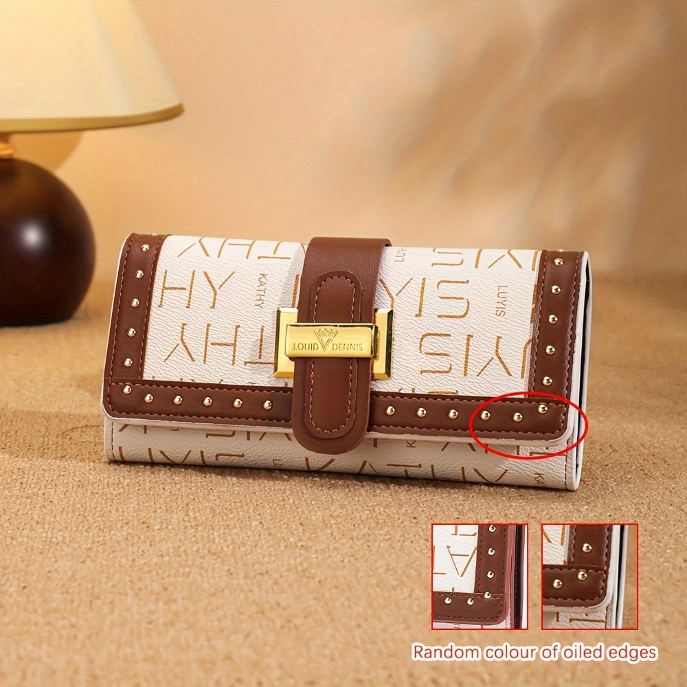 Trendy Classic Long Clutch Wallet, Vintage Print Colorblock Rivets Decor Trifold Coin Purse For Women