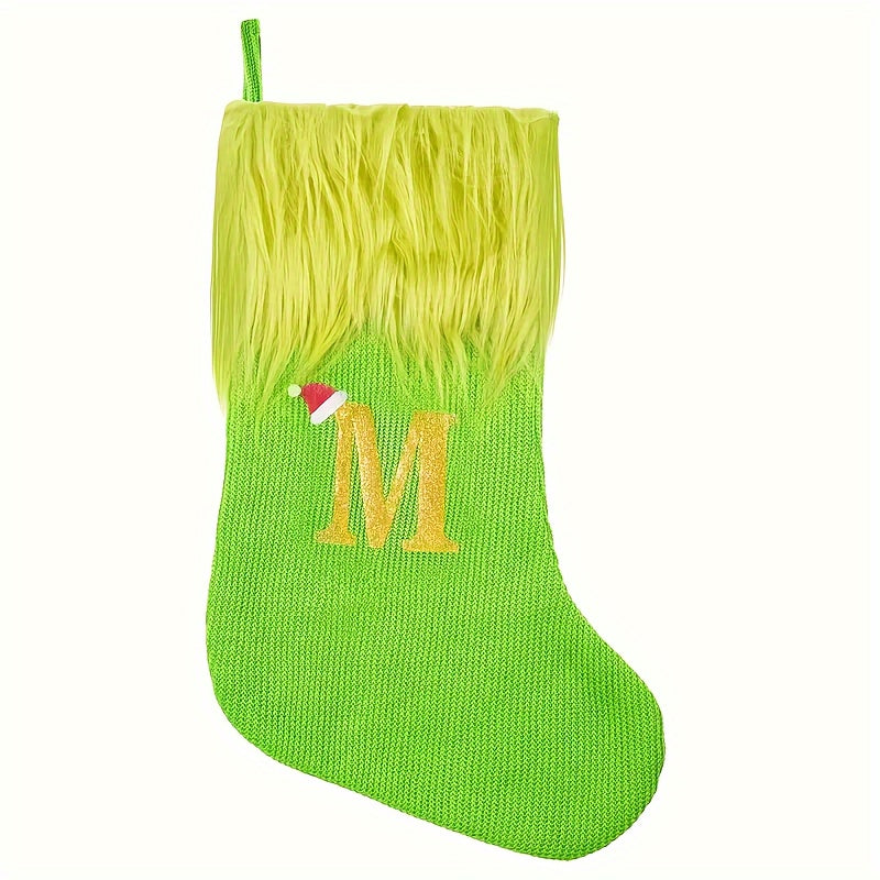 Green Faux Fur Christmas Stockings with Embroidered Letters, 18-inch Festive Holiday Decor, for Home & Party, Polyester, Christmas Decor