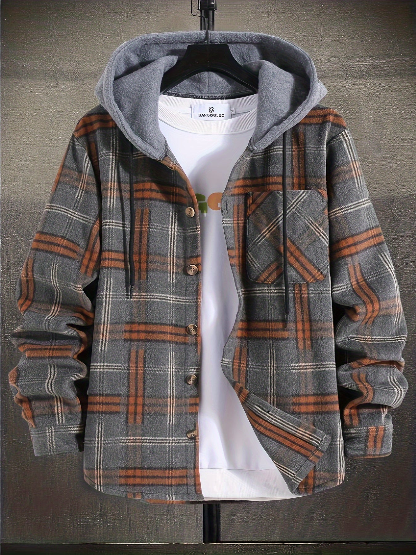 Men's Casual Plaid Hooded Jacket - Color Block, Button-Up Long Sleeve Outerwear with Pockets, PLUS SIZE