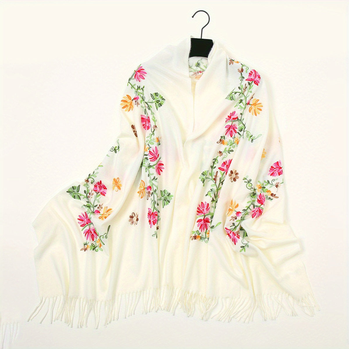 Embroidered National Style Scarf - Soft, Warm, Windproof, and Elegant Wrap for Going Out - Polyester Imitation Cashmere with Tassel and Flower Pattern