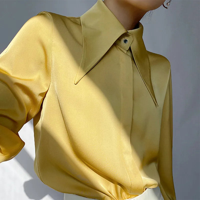 Women's Blouses Shirts Autumn Vintage Satin Silk Women Shirt Elegant Turn Down Collar Woman Blouse White Long Sleeve Ladies Tops Blusas 16946 230111