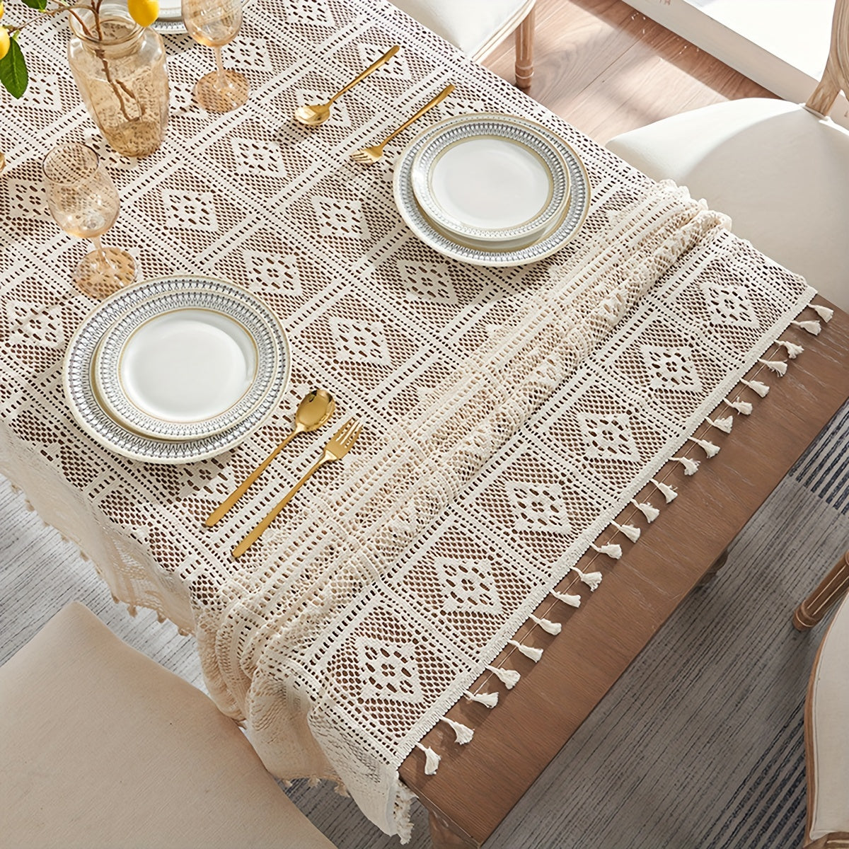 1pc Beige Linen Cotton Blend Crochet Tablecloth with Tassel - Tablecloths - Rustic American Pastoral Style Decor for Picnic, Holiday Party, and Home - Easy Care and Durable