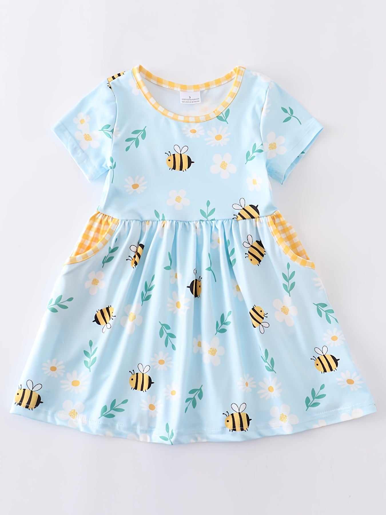 Adorable Girls Bee-Graced Floral Print Dress - Casual Round Neck with Handy Pockets for Everyday Stylish Comfort