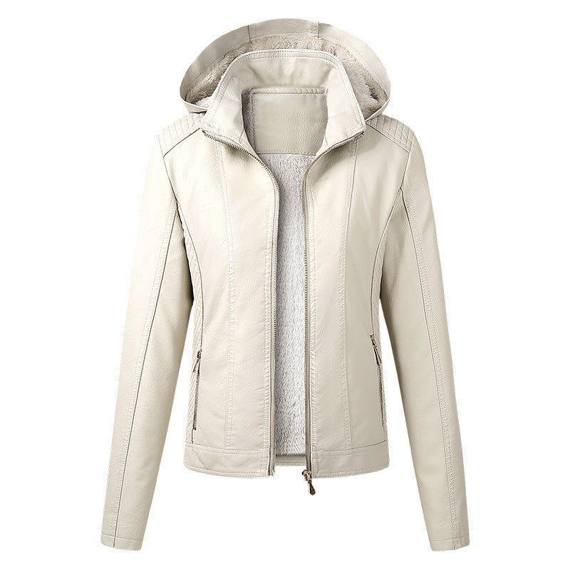 Cross-border new autumn and winter women's clothing velvet hot sale fashion high-end women's leather jacket women's hooded zipper leather jacket spot
