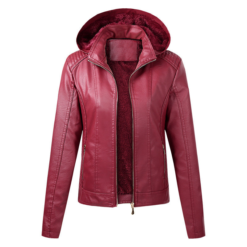 Cross-border new autumn and winter women's clothing velvet hot sale fashion high-end women's leather jacket women's hooded zipper leather jacket spot