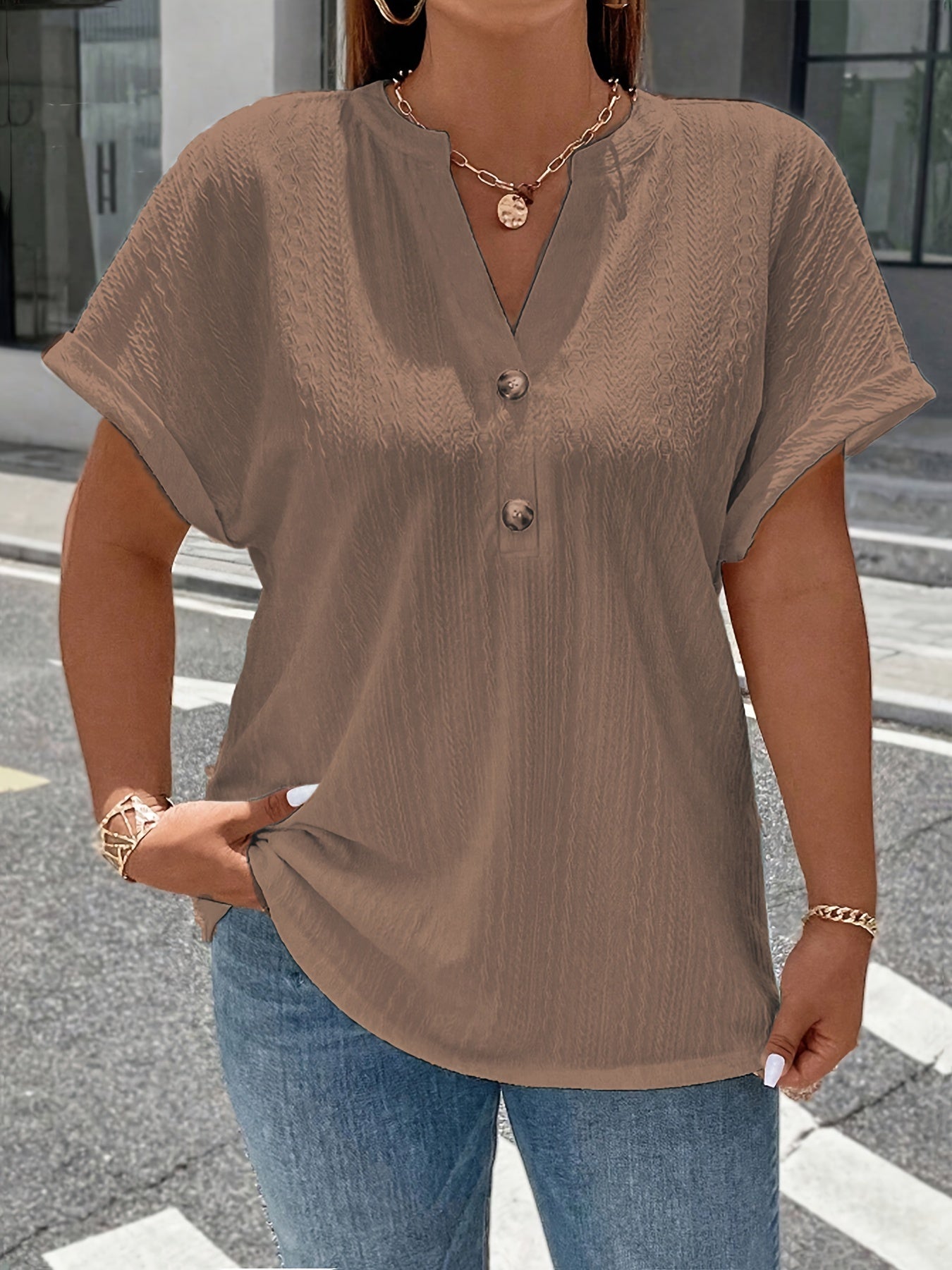 ZllKl Plus Size Simple Solid Blouse, Casual V Neck Short Sleeve Blouse For Spring & Summer, Women's Plus Size Clothing