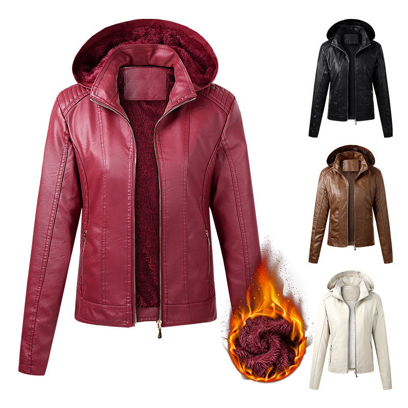 Cross-border new autumn and winter women's clothing velvet hot sale fashion high-end women's leather jacket women's hooded zipper leather jacket spot