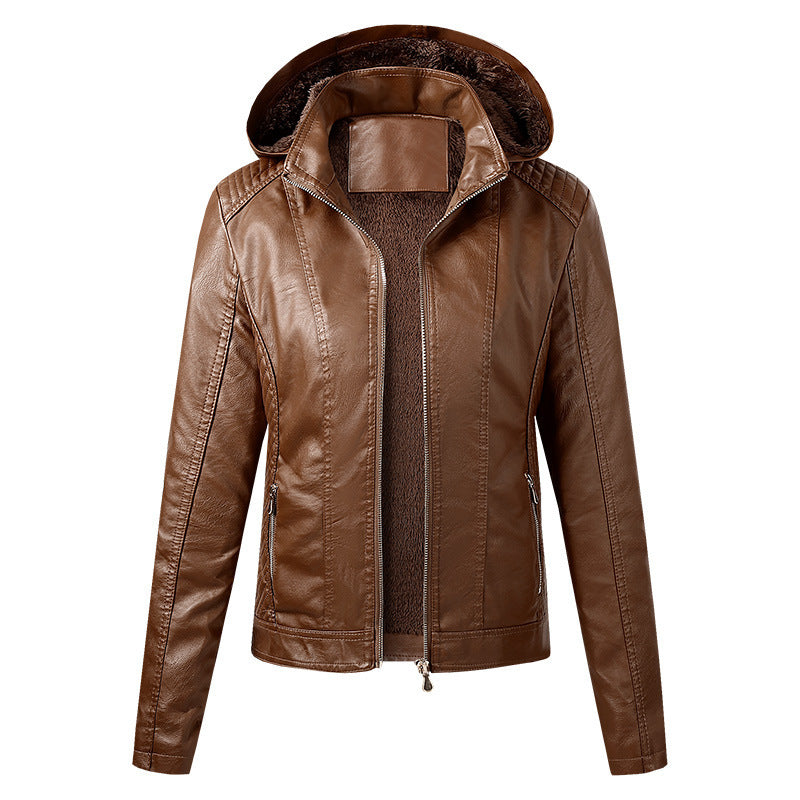 Cross-border new autumn and winter women's clothing velvet hot sale fashion high-end women's leather jacket women's hooded zipper leather jacket spot