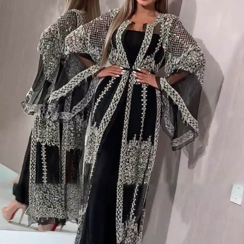 2025 new Popular trade women's clothing, independent station bronzing sexy shawl, two-piece banquet fashion evening dress