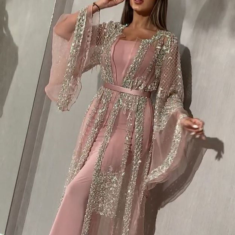 2025 new Popular trade women's clothing, independent station bronzing sexy shawl, two-piece banquet fashion evening dress