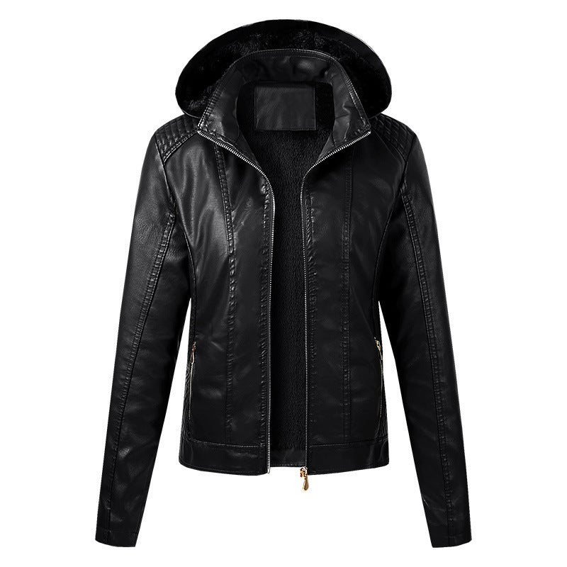 Cross-border new autumn and winter women's clothing velvet hot sale fashion high-end women's leather jacket women's hooded zipper leather jacket spot