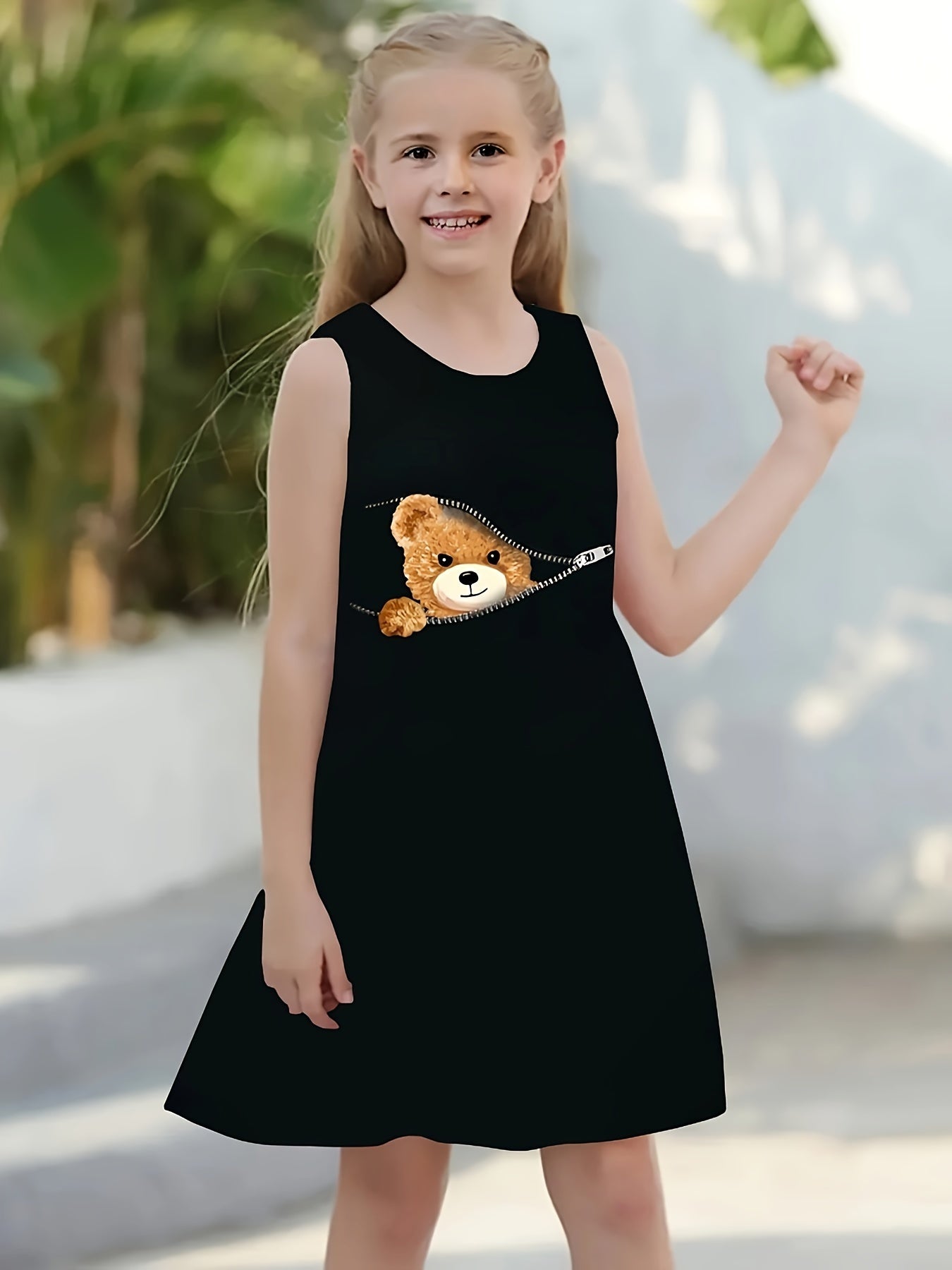 3D Zipper Bear Graphic Midi Dress for Girls - Sleeveless, Crew Neck, Fit and Flare, Slight Stretch, Machine Washable, Cartoon Pattern, Ideal for Casual Outings, Party, Holiday - Polyester, Knee High, Summer Dress