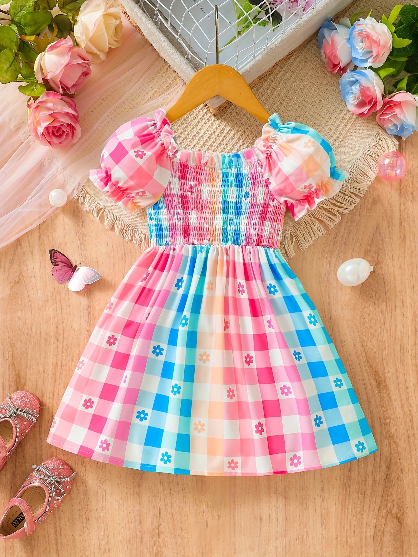 Adorable Girls Sweet Plaid A-line Smocked Dress - Comfy, Casual, Holiday-Perfect, Summer-Friendly Clothing - Ideal Gift for Little Ones