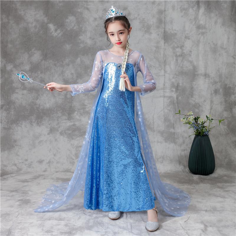 ZllKl Frozen Princess Dress Girls Sequins Skirt Aisha Children's Children's Day Performance Summer Long-Sleeve Tail Skirt