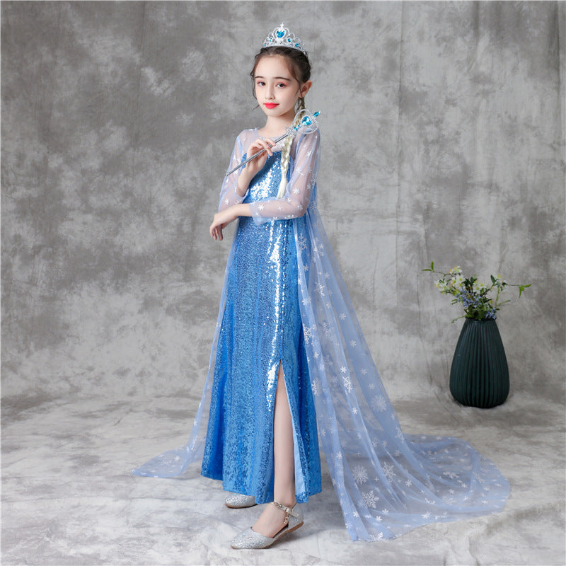 ZllKl Frozen Princess Dress Girls Sequins Skirt Aisha Children's Children's Day Performance Summer Long-Sleeve Tail Skirt