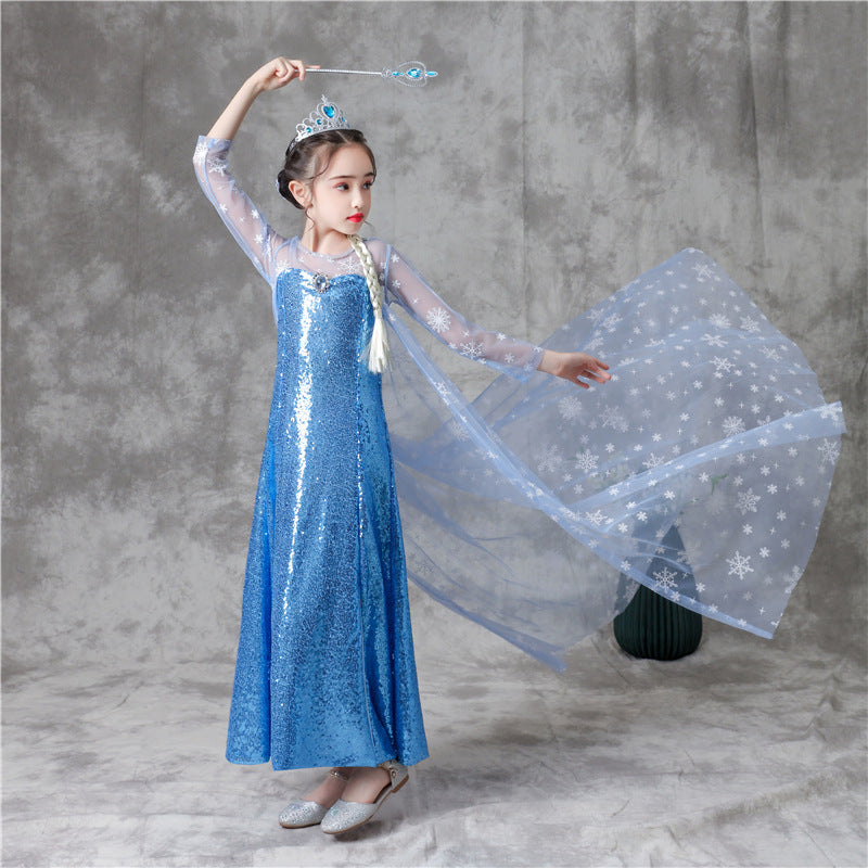 ZllKl Frozen Princess Dress Girls Sequins Skirt Aisha Children's Children's Day Performance Summer Long-Sleeve Tail Skirt