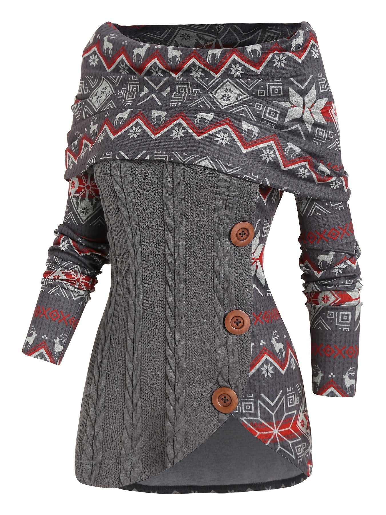 Christmas Pattern Off Shoulder Sweater - Casual, Long Sleeve, Button Front, Asymmetrical, Festive Holiday Wear for Women