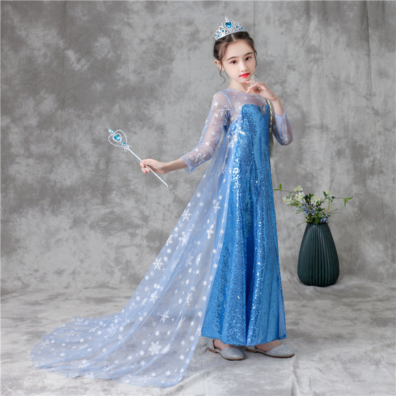 ZllKl Frozen Princess Dress Girls Sequins Skirt Aisha Children's Children's Day Performance Summer Long-Sleeve Tail Skirt