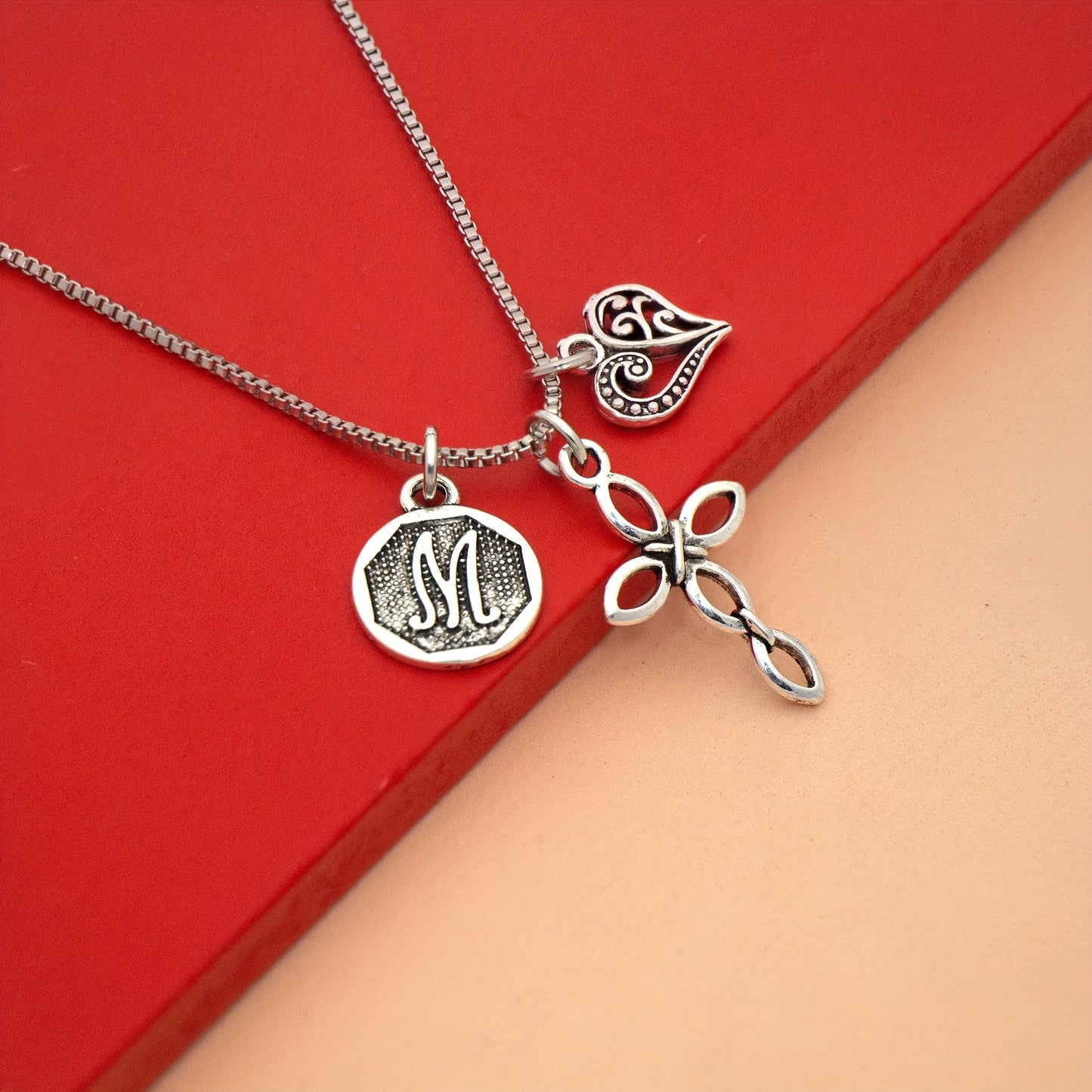 1pc Silvery Initial A-Z Square Chain Necklace For Men Women, Letter Heart Cross Pendant Necklaces, Valentine's Day Birthday Jewelry Gifts