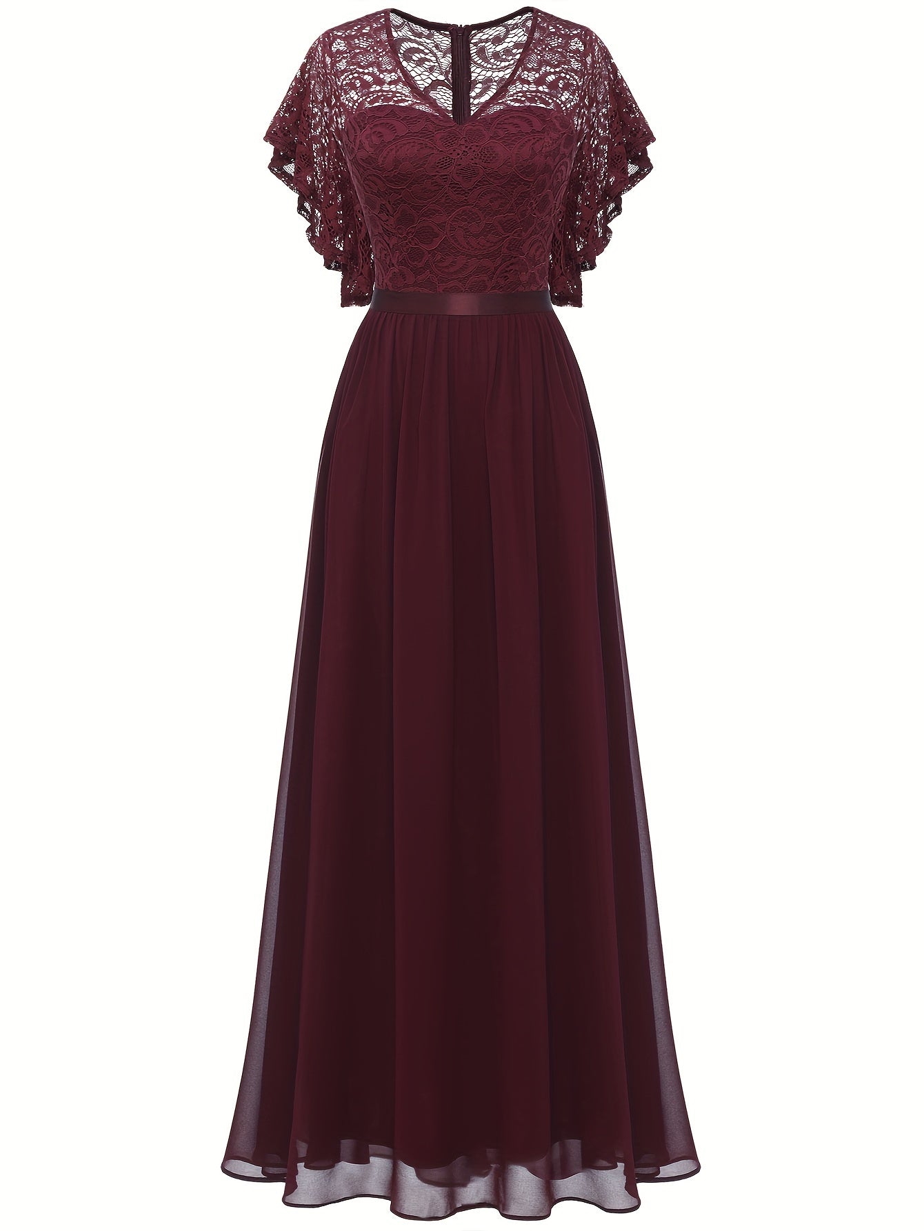 Stunning Lace Splicing V-Neck Bridesmaid Dress - Elegant Ruffle Sleeve, A-Line Floor Length, Perfect for Wedding Party - Womens Formal Clothing for Special Occasions